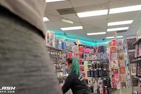 sex store erection bulge. she looks second pass