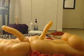 Girl takes 2 dildos in the front 1 in the back - more videos on http://bit.ly/whorescam