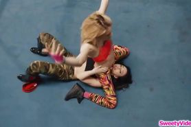 Female wrestling superstars having a lesbian foursome on the ring