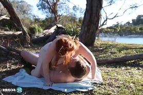 Perfect redhead beauty with huge tits fucks bf