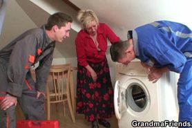 GRANDMA FRIENDS - Two repairmen share very old blonde granny