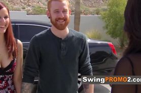 Redhead couple head out to the backyard to meet and greet other swingers