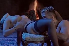 CINDY BECKER in black stockings gets fucked rough next to the lit fireplace