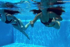 Sexy babes with big boobs swim underwater in the pool