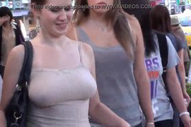 Candid Busty braless college girl with hard nipples and bouncing tits