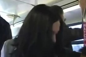 Brunette girl is  then squirts on a Japanese bus