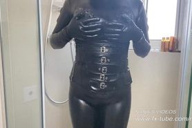 Chain bondage in bathroom and masturbating