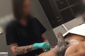 Tattoo Girl Waxes Hard Cock At Salon