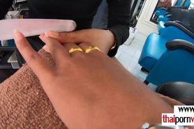 Amateur redhead Thai teen Cherry relaxed in a beauty shop and on a big dick