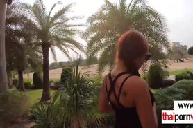 Skinny redhead amateur Thai teen Cherry fucked by big white cock in a hotel