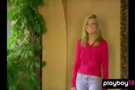 Big boobed blondie Kimberly Holland taking off her sexy uniform outdoor