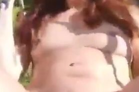 Redhead curvy swinging at wood swing hairy pussy close-up