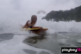 Big boobed badass naked babe Dani Mathers and GFS hop onto their surfboards
