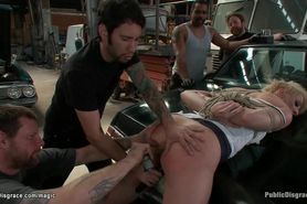 Bound blond ass fucked in repair shop
