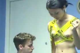 Petite Brunette Asian Gets Wrapped In Plastic And Toyed