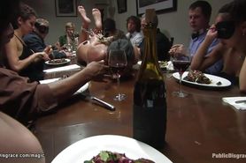 Busty slave served at public dinner