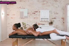 LEZ MASSAGE - Massaging blonde scissors black lesbian after hot massage
