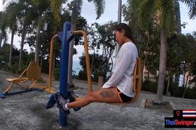 Asian teen gf works out in an outdoor gym and sucks at home