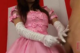 Japanese girl satin dress & glove fetish