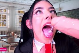 Horny ahegao schoolgirl Latina sucks dildo