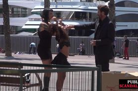 PUBLIC DISGRACE - Petite naked teen humiliated in public by domina and lord
