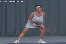 Busty girl playing tennis topless