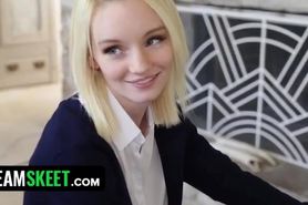 Sweet blonde sucks and rides tutor's cock at home