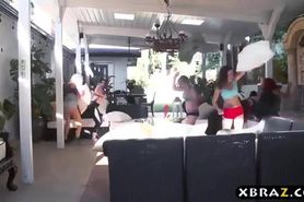Group of busty pornstars rides huge dick after work out