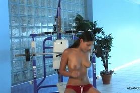Cool vaginal fisting of sporty brunette in the gym