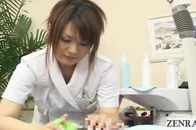 Subtitled CFNM Japanese sensual handjob massage cumshot