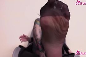 Horny tattoed nun in pantyhose sucks and licks her feet