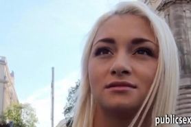 Czech lady flashes her funbags and slammed in public masturbation for money