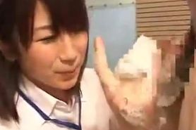 Shy Japanese employee gives out handjobs at hot spring