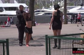 PUBLIC DISGRACE - Public whipped smalltits babe by master and mistress outdoor