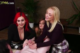 PURE CFNM HD - CFNM femdom babes enjoy jerking hard cock in the group