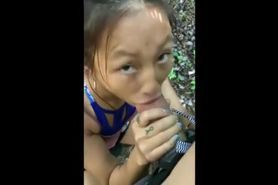 Asian Girlfriend  Huge White Dick Outdoors Cumshot