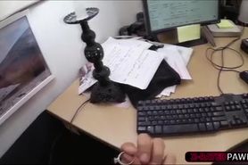 Sexy brunette business woman selling old stuff ends up in the office