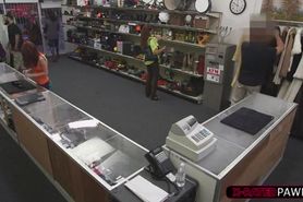 Girl with glasses fucks for cash at shop due to fake ring from bf