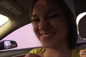 Hitch hiker brunette gets picked up and fucked after she exposes her boobs