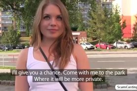 Russian hot chick Alessandra gets fucked by the fake agent in the bushes
