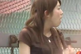 Curious brown-haired Japanese girl getting involved in some wicked sharking