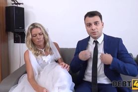 DEBT4k. Debt collector fucks the bride in white dress and stockings