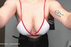 Busty girl teasing and pussy play with fingers