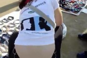 Busty girl showing butt crack on candid spy cam