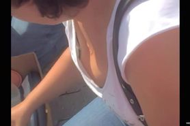 Rare boobs downblouse of the real amateur brunette milf