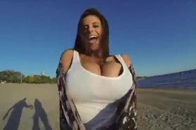 big boobs walking morning beach