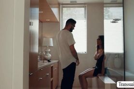Jerking TS analed by stepson in bathroom