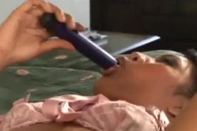Asian Chick In Pink Lingerie Dildos Her Cunt