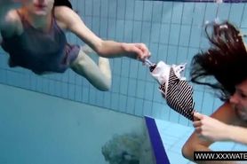 Small and big boobs underwater swimming lesbians