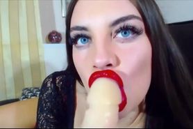 Sloppy Blowjob with Dildo and Hot Red Lipstick and Sexy Tongue!!